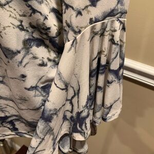 Joan Vass Blue and Cream Marble Print Blouse